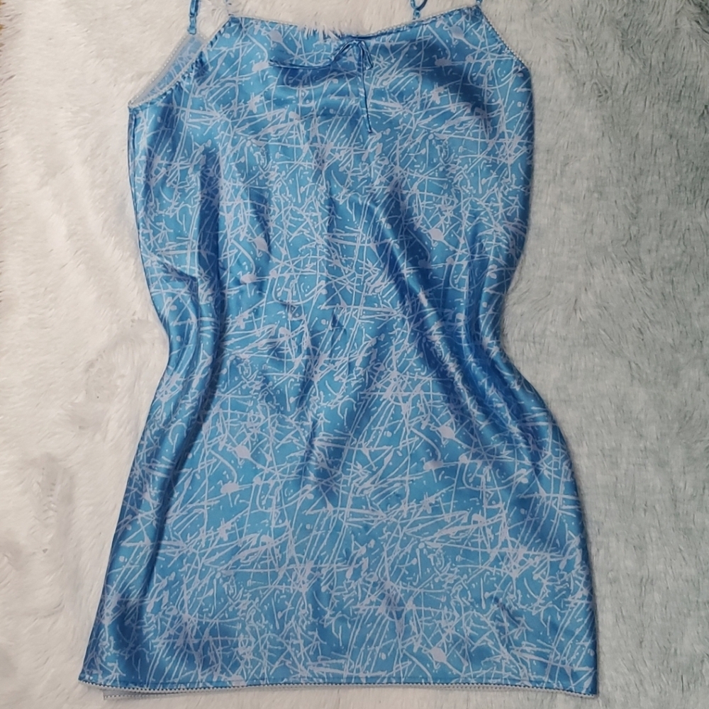 80's Vintage JACLYN SMITH Nightgown Chemise BLUE SATIN Lingerie MEDIUM